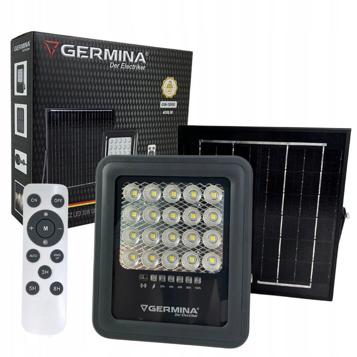 LED-spot Germina solcellelampe 50W IP65 5000K med fjernbetjening, 1 sæt