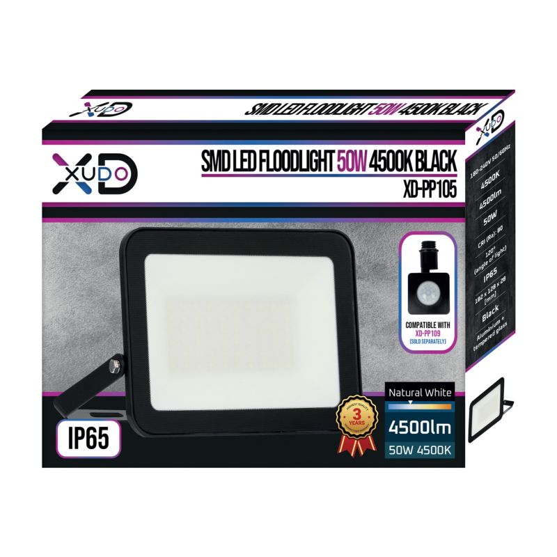LED-arbejdslampe SMD XUDO 50W 4500K Neutral hvid IP65 Sort 1 stk.