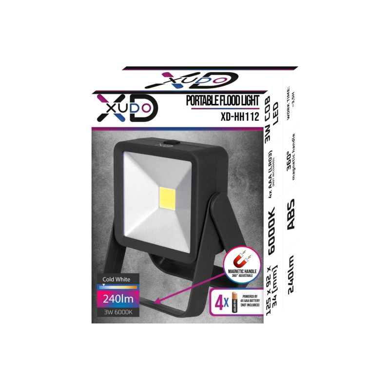 XUDO LED-arbejdslys 3W COB med 4xAAA, 360° drejelig holder og magnet, sort, 1 stk.