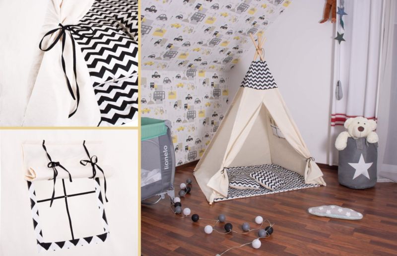 Springos tipi-telt til børn i sort zigzag XXL, 1 stk.