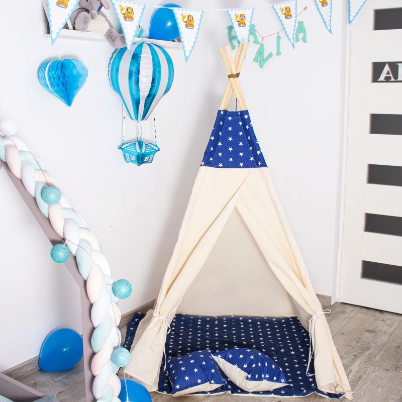 Springos Tipi-telt til børn XXL navyblåt med stjerner, 1 stk.