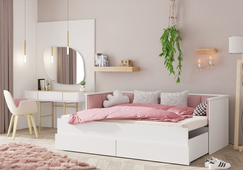 Ungdomsseng HELIOS 200x80/200x160 cm Polstret Panel Pink