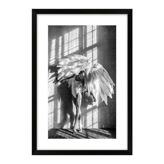 Sort-hvid engelbillede 60 x 90 cm
