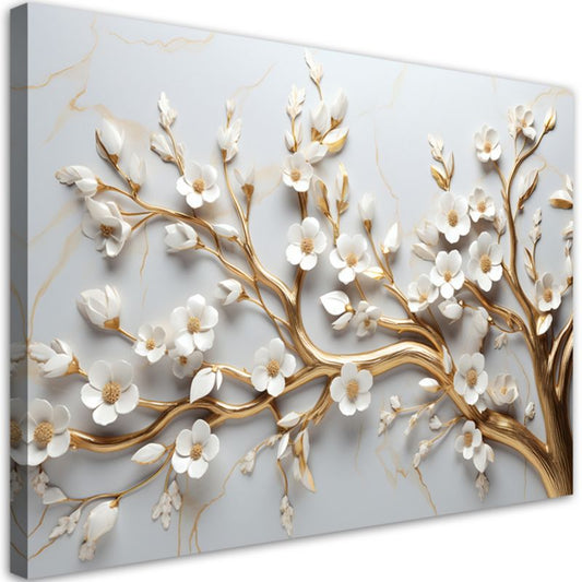3D lærredsbillede Feeby træ med blade i hvid og guld 90x60 cm til stue og soveværelse