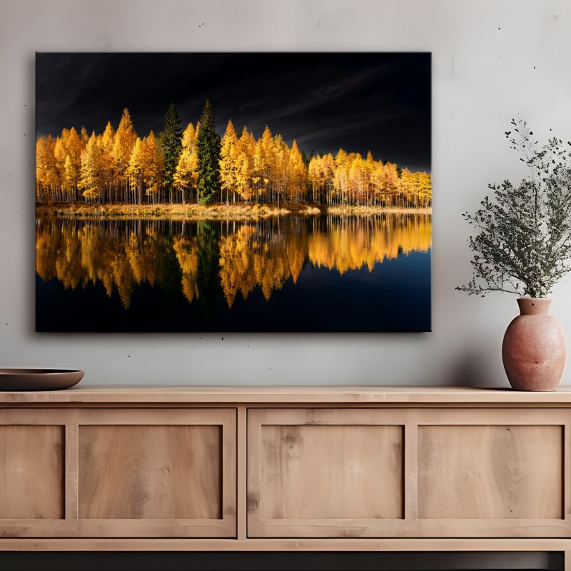 Feeby landskab natur guld 100x70 cm lærredsbillede til stue og soveværelse, 1 stk