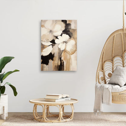 Feeby boho-blomster abstrakt lærredsbillede til stue og soveværelse, beige, 60 x 90 cm, 1 stk