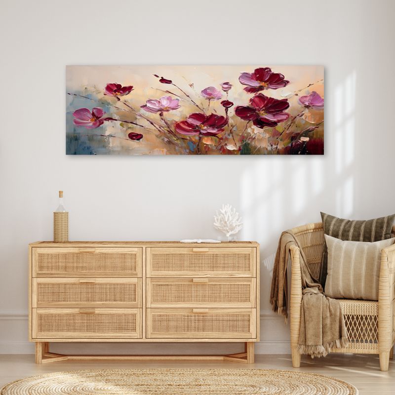 Feeby billede til stue og soveværelse - Røde valmuer, malet 150 x 50 cm, 1 stk