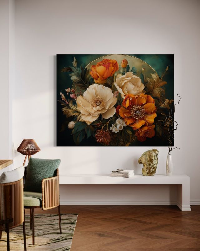 Feeby vintage lærredsbillede med blomster og blade til stue og soveværelse 100 x 70 cm, 1 stk