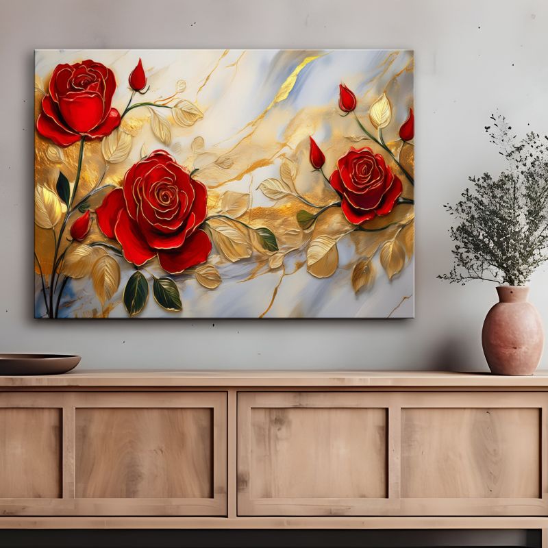 Billede til stue og soveværelse Feeby Blomster Roser Guld Marmor 100x70 cm 1 stk