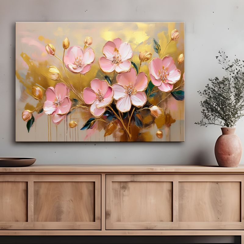 Maleri til stue og soveværelse Feeby Blomster Rosa Glamour Guld 100x70 cm 1 stk