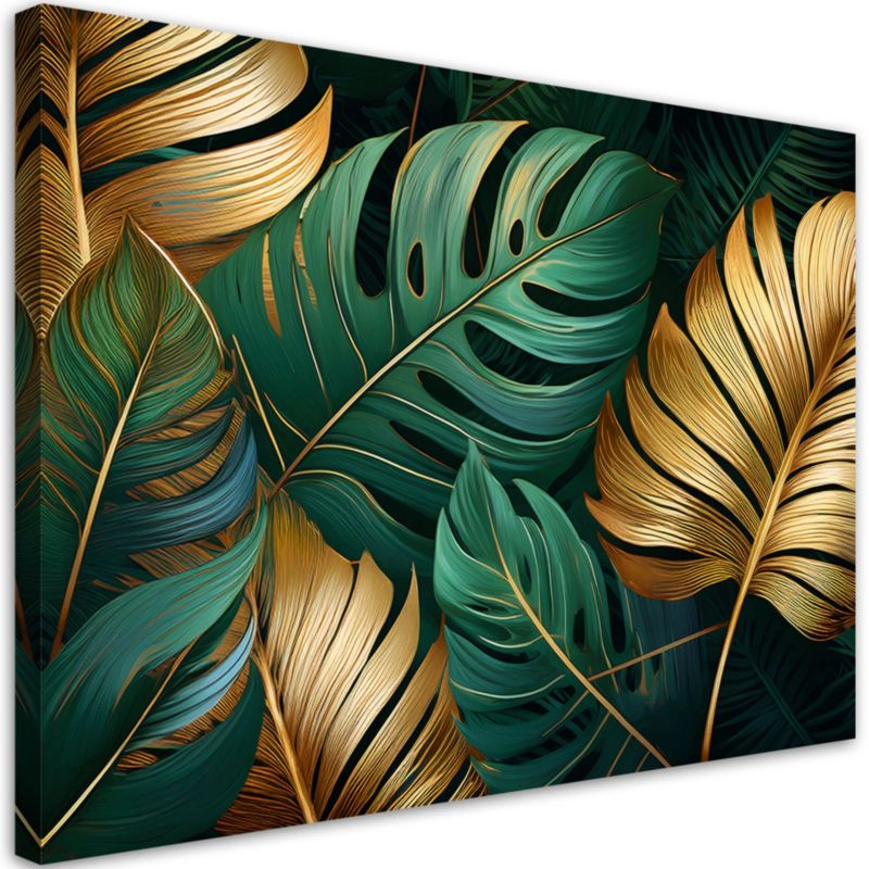 Billede til stue og soveværelse Feeby Monstera Blade Guld Grøn 120x80 cm 1 stk