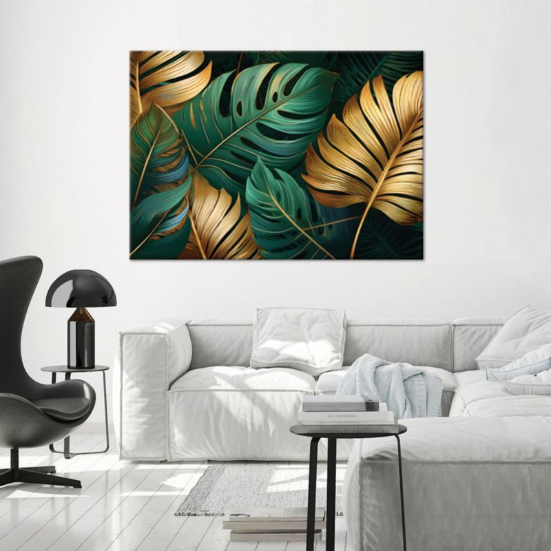Billede til stue og soveværelse Feeby Monstera Blade Guld Grøn 120x80 cm 1 stk