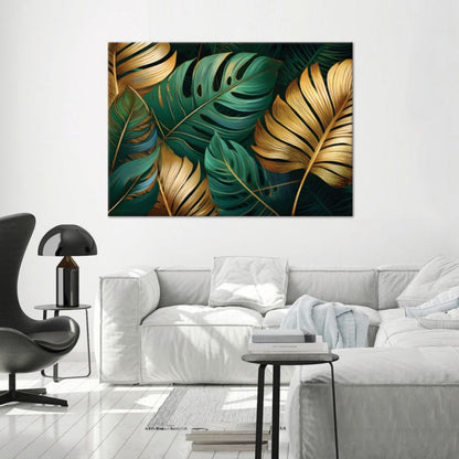 Billede til stue og soveværelse Feeby Monstera Blade Guld Grøn 120x80 cm 1 stk