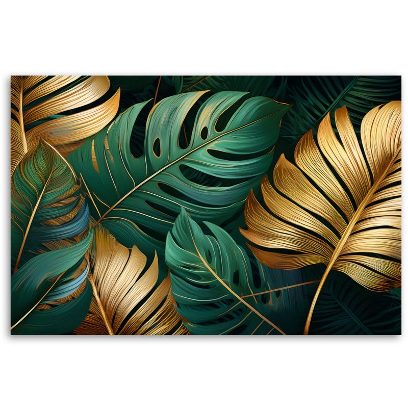 Billede til stue og soveværelse Feeby Monstera Blade Guld Grøn 120x80 cm 1 stk