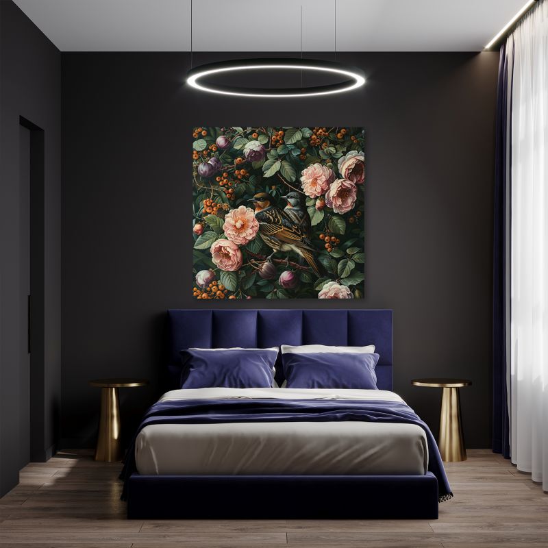 Feeby lærredsbillede til stue og soveværelse med fugle, blade og natur 30x30 cm, 1 stk