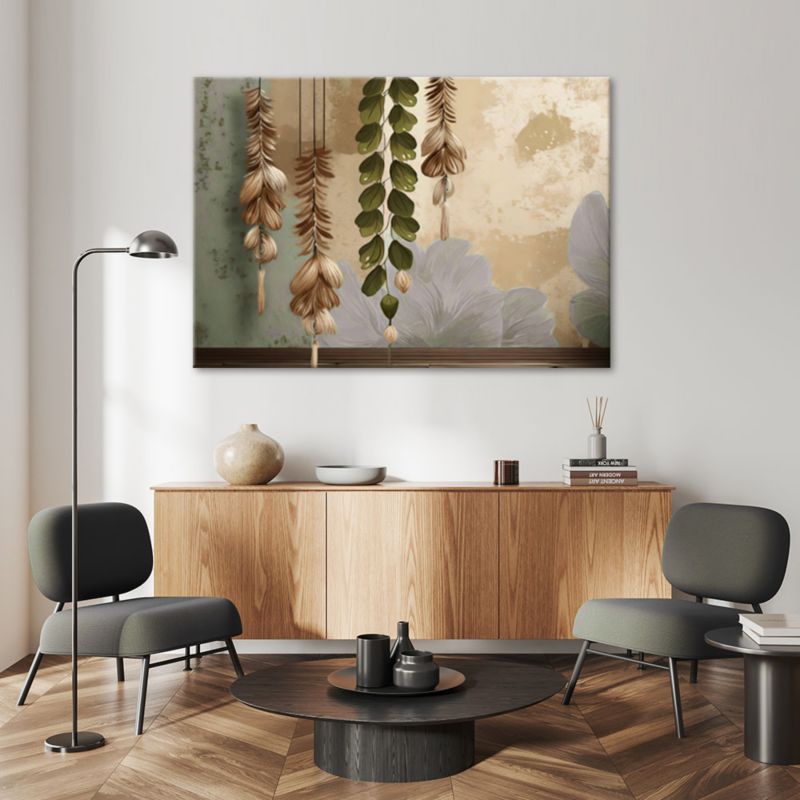 Feeby vintage lærredsbillede med hængende blade til stue og soveværelse 90 x 60 cm, 1 stk.