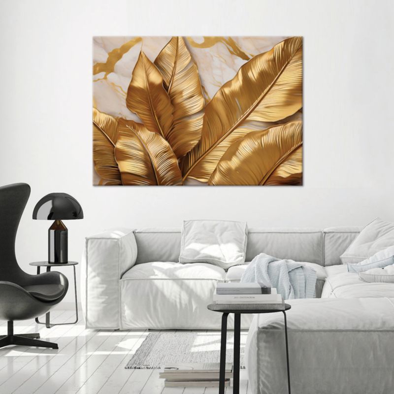 Billede til stue og soveværelse Feeby gyldne bananbladsblade marmor 90x60 cm 1 stk