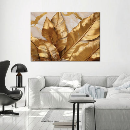 Billede til stue og soveværelse Feeby gyldne bananbladsblade marmor 90x60 cm 1 stk
