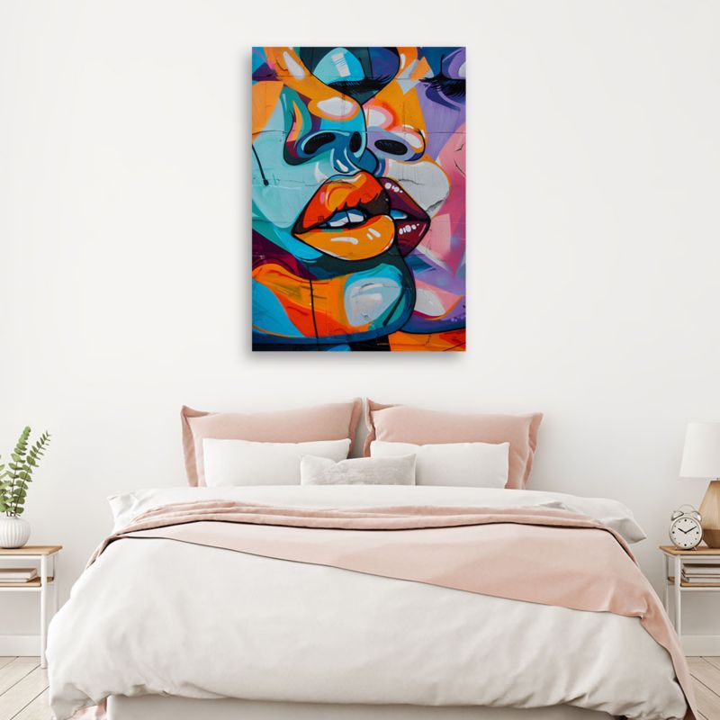 Feeby abstrakt maleri til soveværelse og stue, farverige ansigter, 60 x 90 cm, 1 stk.