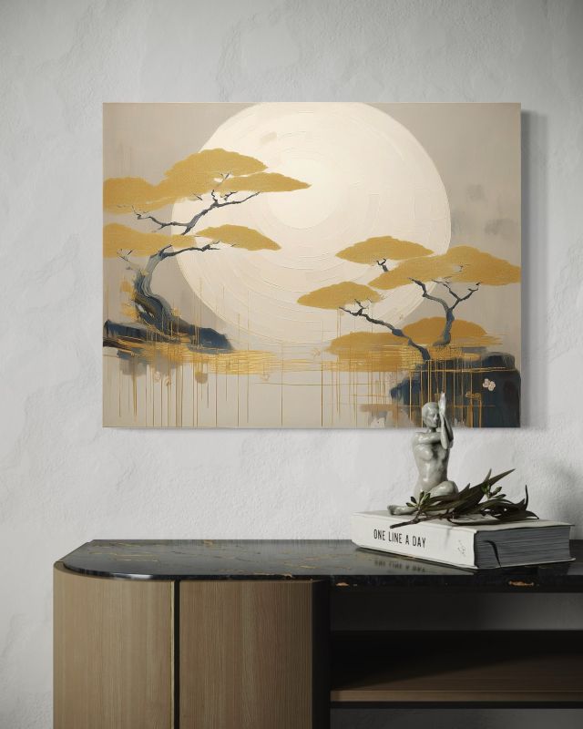 Feeby boho-landskabsbillede med træer til soveværelse og stue 120 x 80 cm, 1 stk.