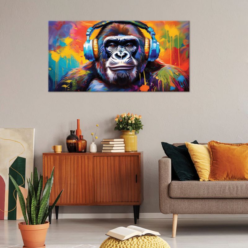 Lærredsbillede Feeby 120x60 cm Farverig Abe med Hovedtelefoner 1 stk.