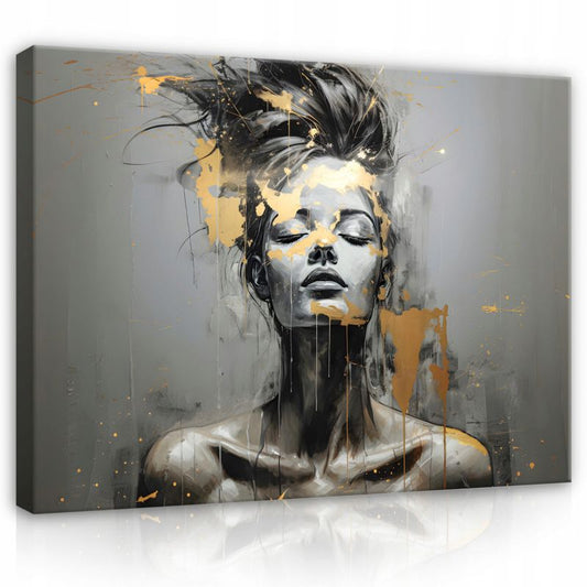 Canvasbillede WALLARENA 120x80 cm til stue, soveværelse og køkken – abstrakt kvinde, grå og guld, 1 stk.
