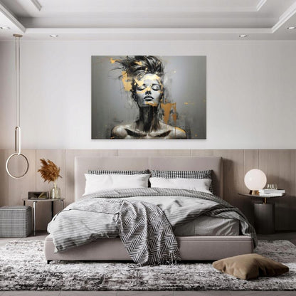 Canvasbillede WALLARENA 120x80 cm til stue, soveværelse og køkken – abstrakt kvinde, grå og guld, 1 stk.