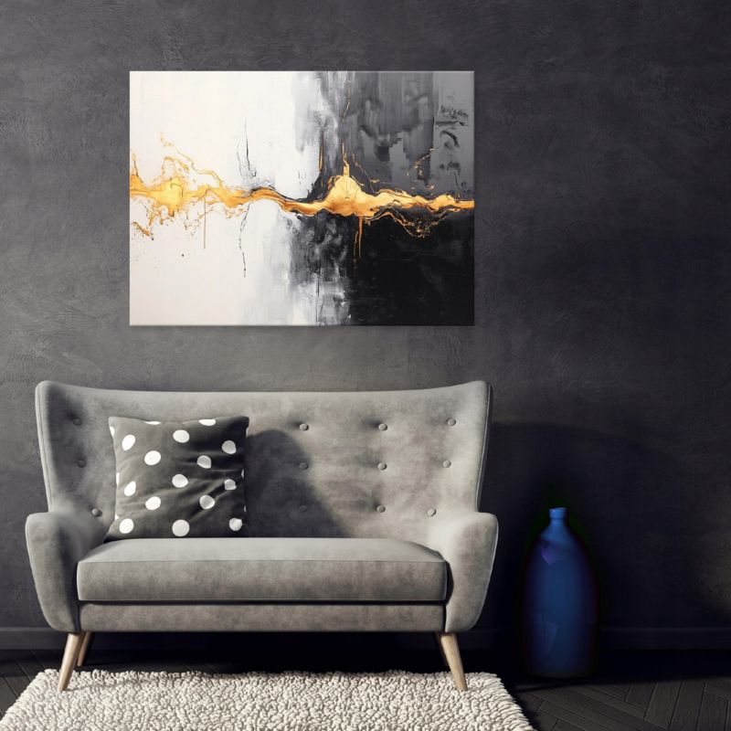 Vægmaleri på lærred WALLARENA 120x80 cm til soveværelse og stue i guld abstrakt, 1 stk.