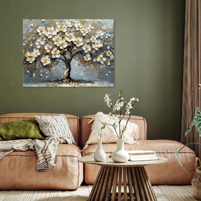Vægmaleri på lærred WALLARENA 12x80 cm til stue, soveværelse, køkken - Livets træ med blomster, 1 stk.