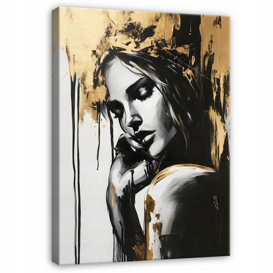 Vægmaleri på lærred WALLARENA 60 x 40 cm til stue, soveværelse og køkken – abstrakt kvinde i sort og guld, 1 stk.