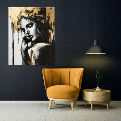 Vægmaleri på lærred WALLARENA 60 x 40 cm til stue, soveværelse og køkken – abstrakt kvinde i sort og guld, 1 stk.