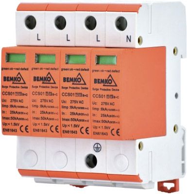 Overspændingsbeskytter Bemko 4P 8 kA 10/350 T1+T2 B+C