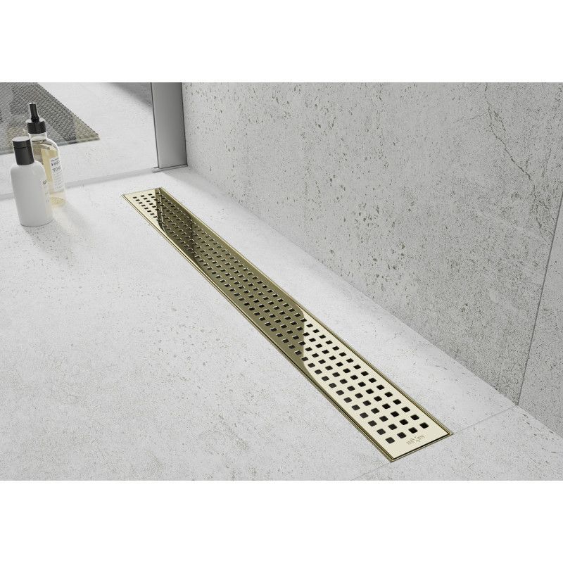 Mexen Flat 360° lineært gulvafløb i guld, 90 cm, komplet sæt