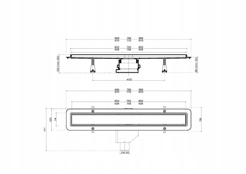 Bravat Seamless 75 cm lineært bruseafløb med metalrist 2-i-1 krom 1 stk.