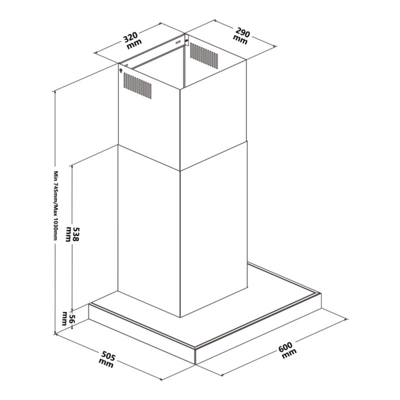 GoodHome T-formet emhætte med luftsensor 60 cm glas