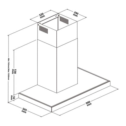 GoodHome T-formet emhætte med luftsensor 90 cm glas