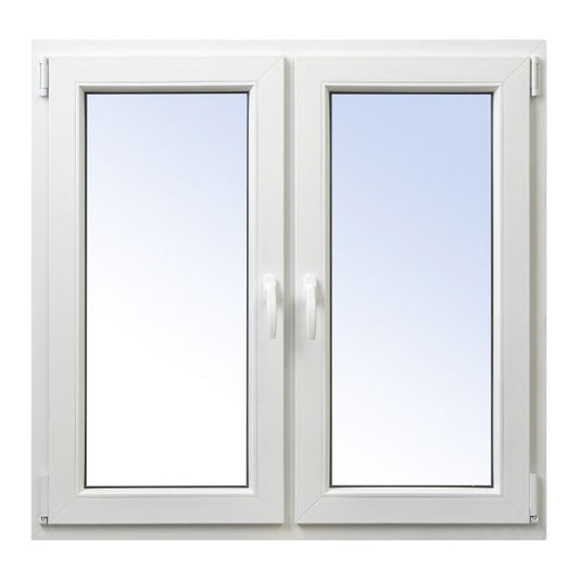 PVC-vindue med sidehængt og topstyret åbning, dobbeltrude, 1165 x 1135 mm, symmetrisk, hvid