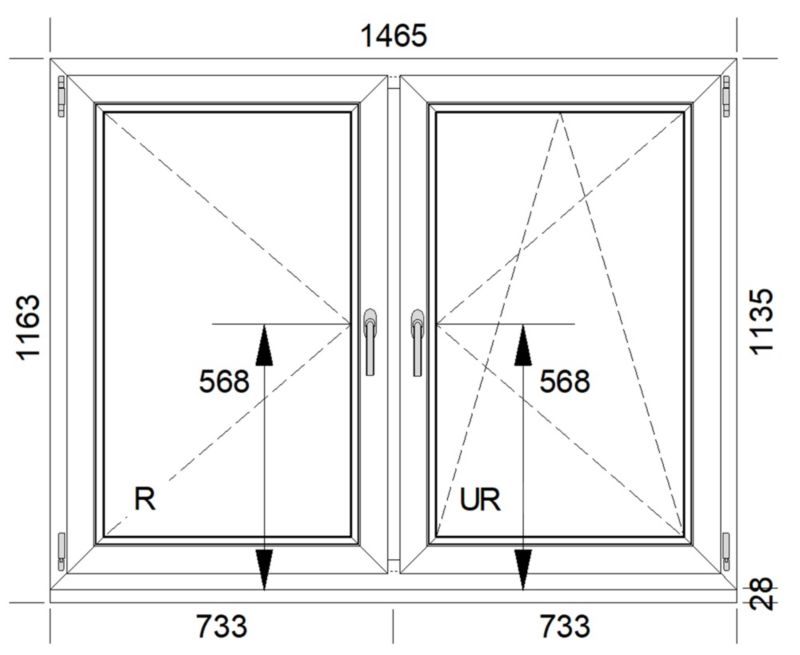 PCV-vindue med sidehængt og sidehængt-tilt funktion, dobbeltrude, 1465 x 1135 mm, symmetrisk, hvid