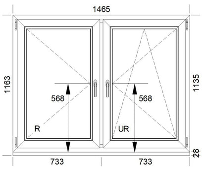 PCV-vindue med sidehængt og sidehængt-tilt funktion, dobbeltrude, 1465 x 1135 mm, symmetrisk, hvid