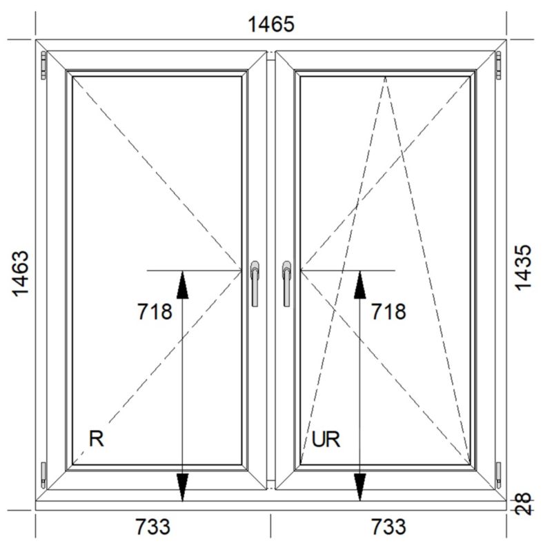 PVC-vindue med fast og sidehængt åbning, 3-lags glas, 1465 x 1435 mm, symmetrisk hvidt