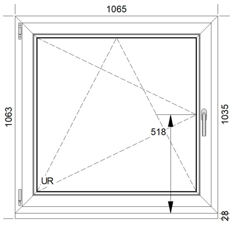 Hvidt venstrehængt PVC-vindue med tolagsglas, vippe- og drejefunktion, 1065 x 1035 mm