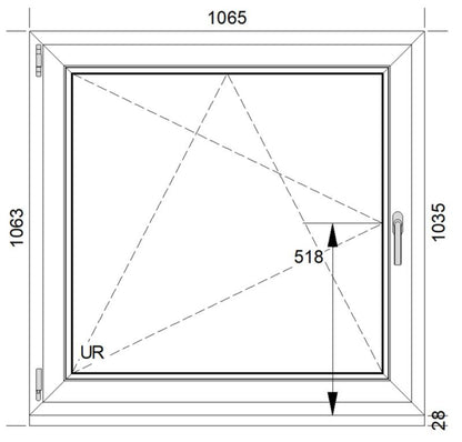 Hvidt venstrehængt PVC-vindue med tolagsglas, vippe- og drejefunktion, 1065 x 1035 mm