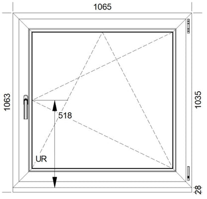 Hvid PVC-vindue med tolagsglas, dreje-kipfunktion, højre, 1065 x 1035 mm