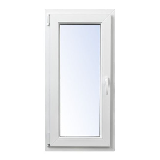 Hvidt venstre PVC-vindue med tolags energiglas, vippe- og drejefunktion, 565 x 1135 mm