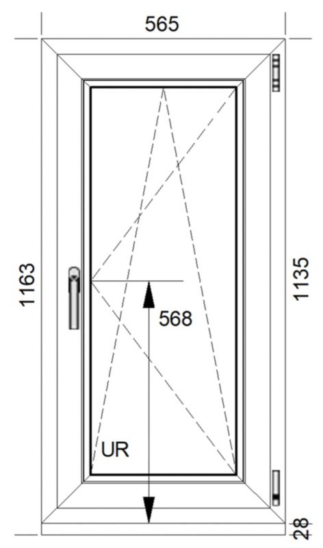 Hvid højre PVC-vindue med tolagsglas, vippe- og drejefunktion, 565 x 1135 mm