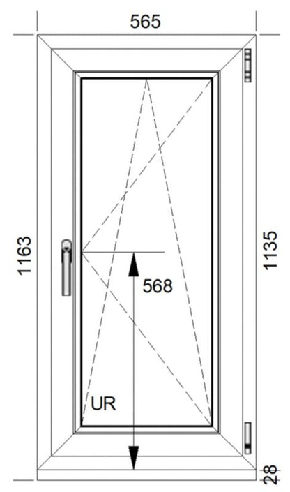 Hvid højre PVC-vindue med tolagsglas, vippe- og drejefunktion, 565 x 1135 mm