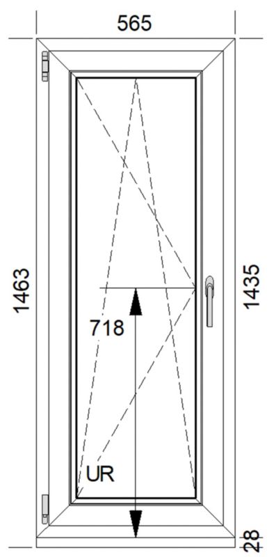 Hvidt PVC-vindue med tolagsglas, vendbart og drejeligt, 565 x 1435 mm, venstre