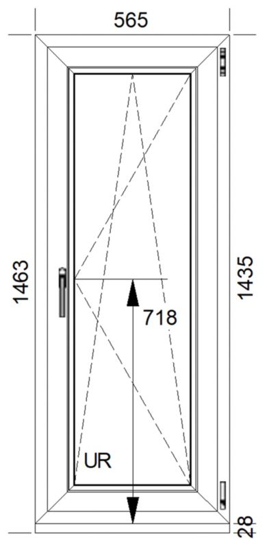 Hvid højre PVC-vindue med to lag glas, vippe- og drejefunktion, 565 x 1435 mm