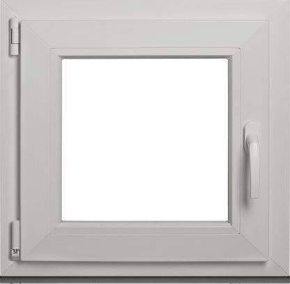 Hvidt PVC-vindue med tolagsglas, vendbart og kipbart, 565 x 535 mm, venstre