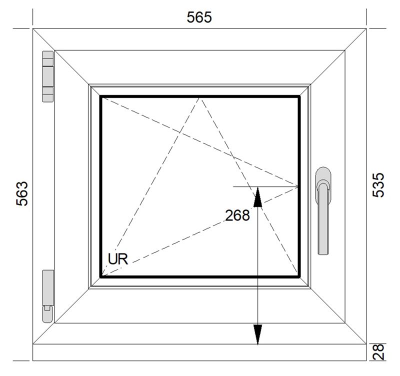 Hvidt PVC-vindue med tolagsglas, vendbart og kipbart, 565 x 535 mm, venstre